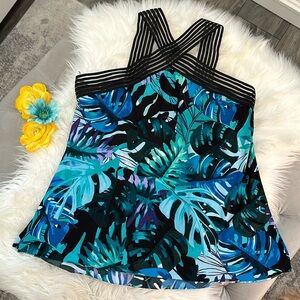 Blue & Black Tropical Print Halter Women’s Tankini Top Ribbon Straps Sz MED